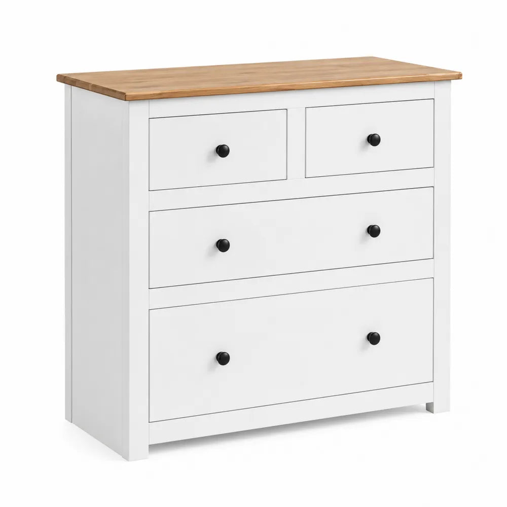 Commode 4 tiroirs en bois blanc et chêne avec poignées en métal