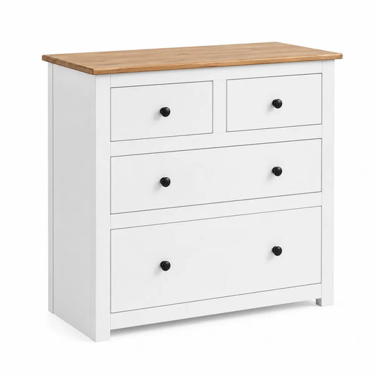 Commode 4 tiroirs en bois blanc et chêne avec poignées en métal