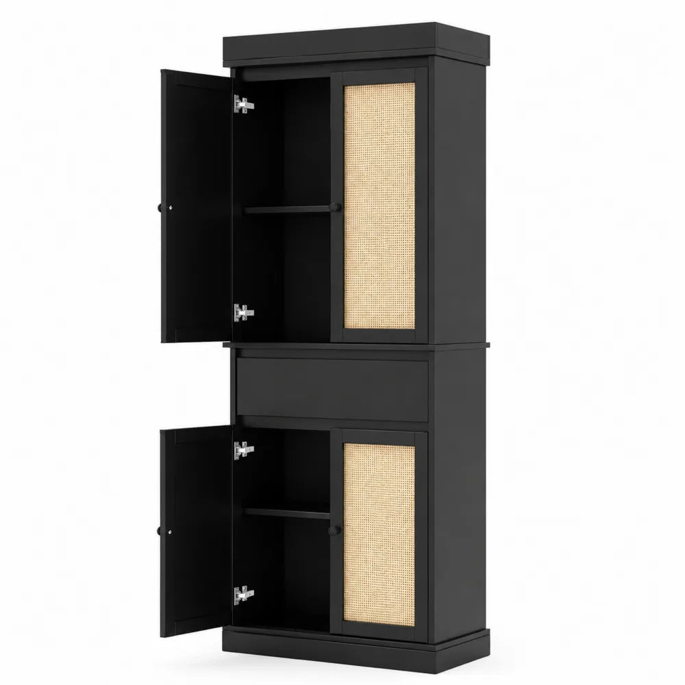 Armoire de Cuisine Noire avec Portes en Rotin 180x80x35cm