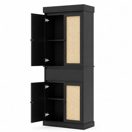 Armoire de Cuisine Noire avec Portes en Rotin 180x80x35cm