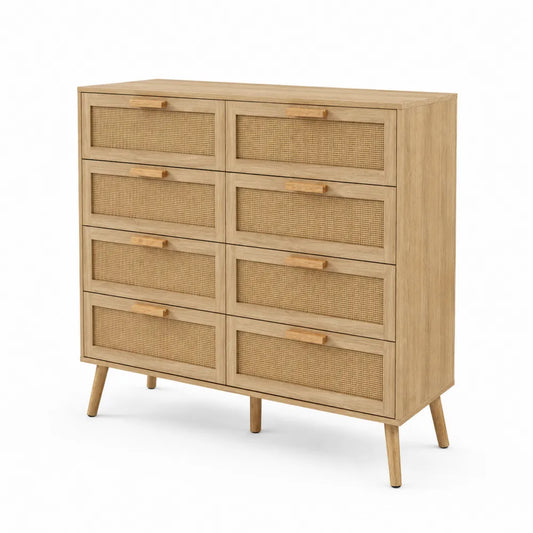 Commode en bois d'acacia et rotin avec 8 tiroirs