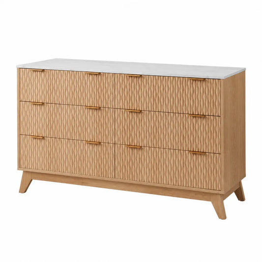 Commode en bois de chêne avec plateau en marbre et 6 tiroirs