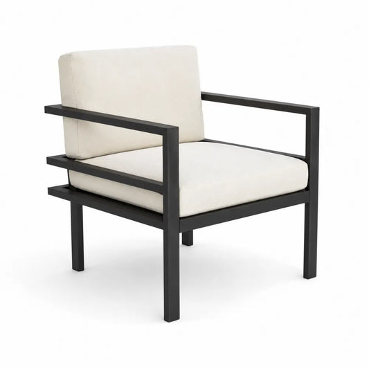 Fauteuil en aluminium noir avec coussins en polyester crème