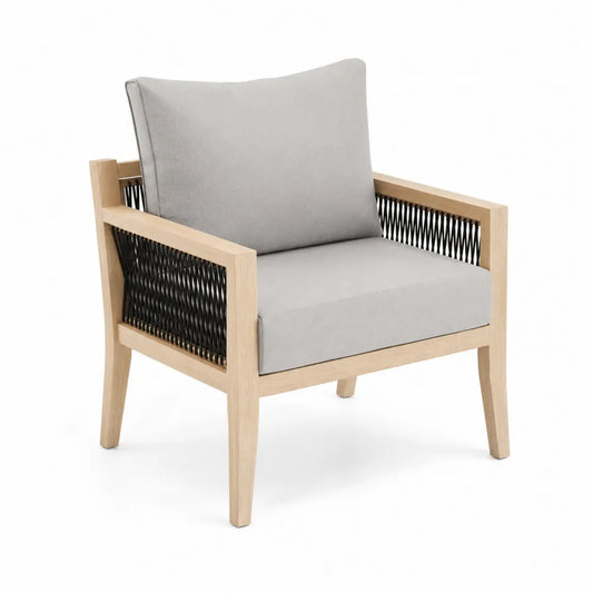 Fauteuil en bois avec corde et coussins gris